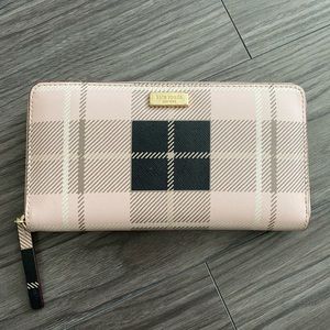 KATE SPADE pink and black plaid wallet,pink letter print interior,gold hardware